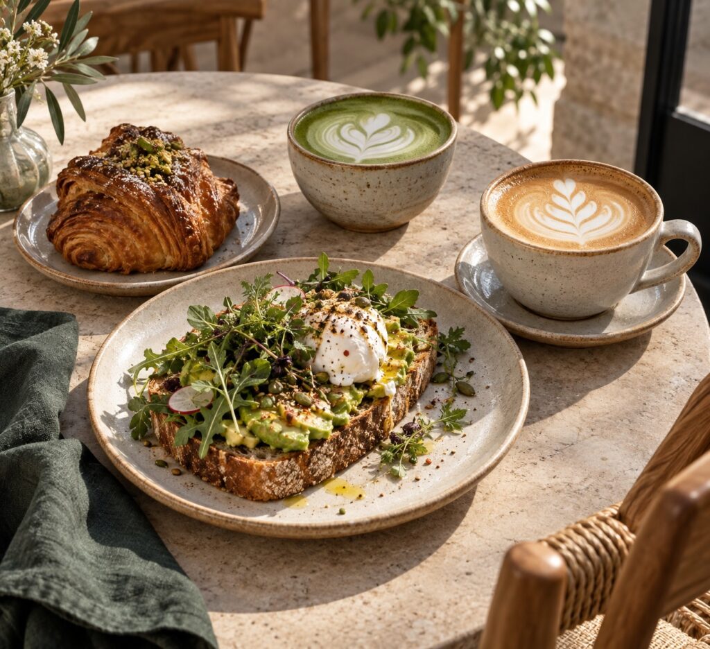 Café de especialidad, matcha, tostada y croissant sobre una mesa luminosa