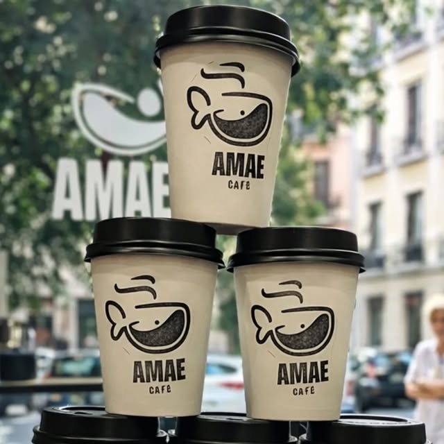 Dos vasos para llevar de AMAE Café con su logotipo en primer plano.